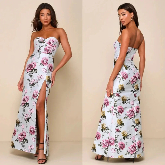 Lulu's Luxe RSVP Light Sage Green Floral Jacquard Strapless Maxi Dress S Wedding - Picture 1 of 11